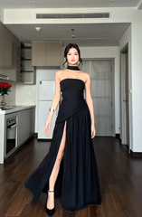 Elegant Strapless Sheath Long Prom Dresses with Slits Black Evening Dresses DP3687