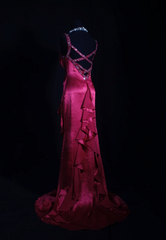 Vintage V-neck Sheath Long Prom Dresses Satin Hot Pink Evening Dresses DP3720