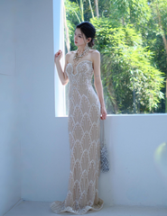 Sexy Sweetheart Sheath Long Prom Dresses Sequined Tulle Champagne Evening Dresses Sleeveless Formal Dresses DP3723