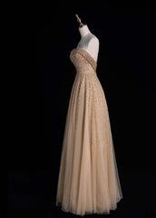 Cute Strapless A-line Long Prom Dresses Sequined Tulle Pastel Orange Evening Dresses DP3728