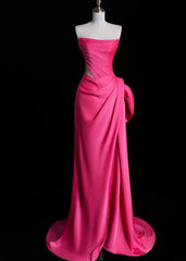 Elegant Strapless Sheath Long Prom Dresses Satin Pink Evening Dresses DP3786