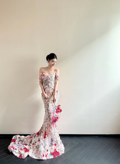 Fairy Off-the-Shoulder Mermaid Long Prom Dresses Sleeveless Tulle 3D Applique Evening Dresses DP3837