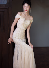 Elegant Off-the-Shoulder Mermaid Long Prom Dresses Tulle Apricot Evening Dresses DP3876