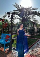 Elegant Sheath Blue Long Prom Dresses Off-the-shoulder Long-sleeved Blue Evening Dresses DP3908