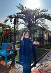 Elegant Sheath Blue Long Prom Dresses Off-the-shoulder Long-sleeved Blue Evening Dresses DP3908