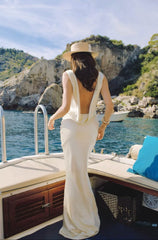 Elegant White Sheath Long Prom Dresses Open Back Sleeveless Evening Dresses DP3916