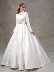 Ball Gown Wedding Dresses High Neck  Satin Long Sleeve Glamorous Sparkle & Shine with Bowknot Sash  Ribbon Beading