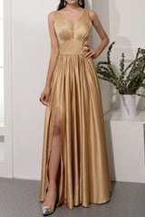 Off shoulder satin backless and floor length front slit prom dress