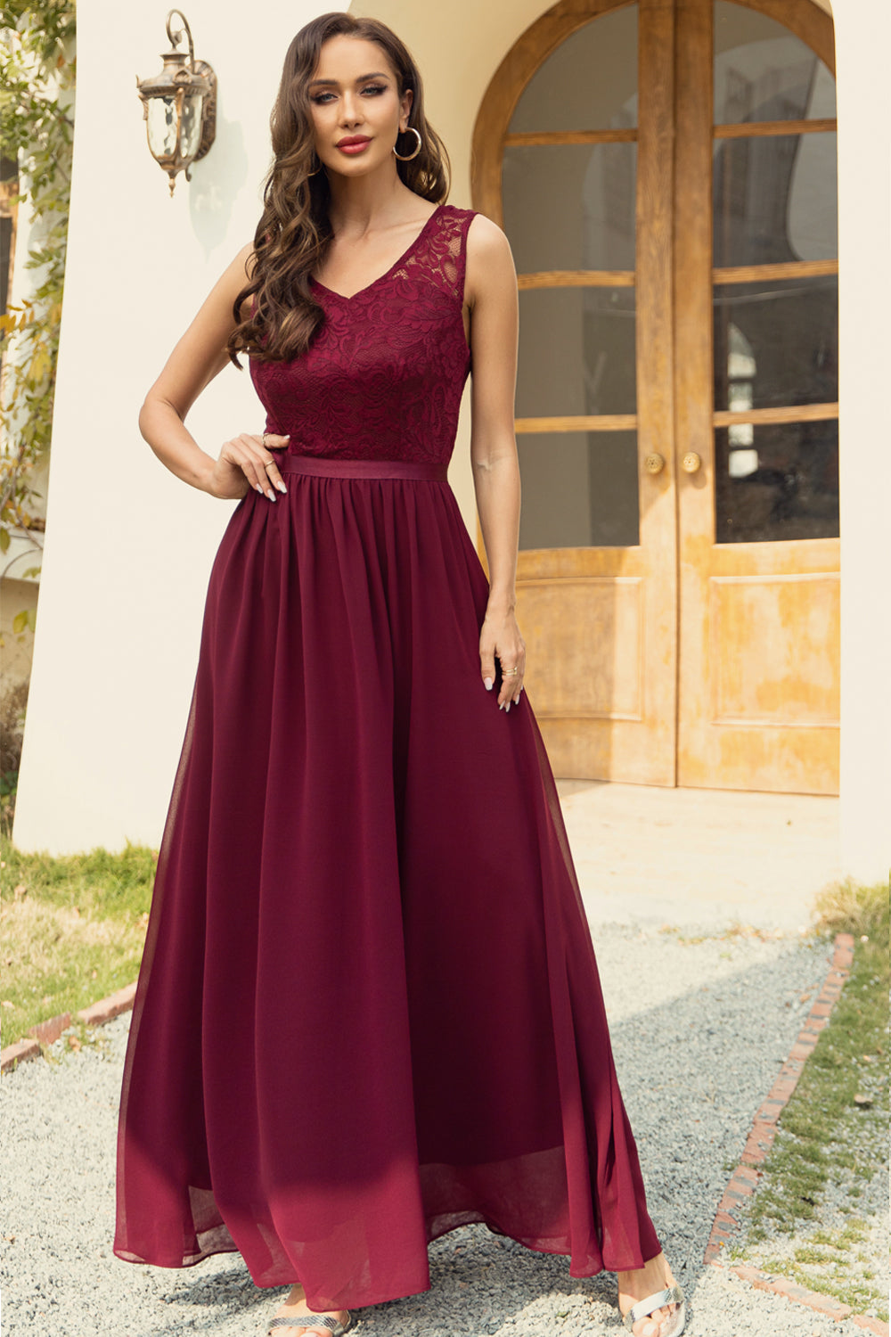 A Line V Neck Burgundy Long Lace Bridesmaid Dress
