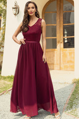 A Line V Neck Burgundy Long Lace Bridesmaid Dress