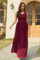 A Line V Neck Burgundy Long Lace Bridesmaid Dress