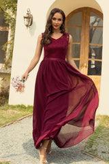 A Line V Neck Burgundy Long Lace Bridesmaid Dress