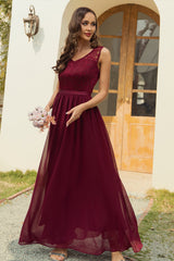 A Line V Neck Burgundy Long Lace Bridesmaid Dress