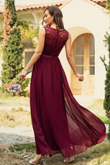 A Line V Neck Burgundy Long Lace Bridesmaid Dress