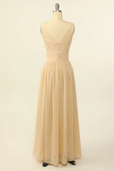 Pink long chiffon lace bridesmaid dress