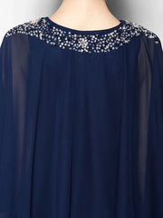 Mother of the Bride Dress V Neck Tea Length Chiffon 3/4 Length Sleeve with Crystals Beading