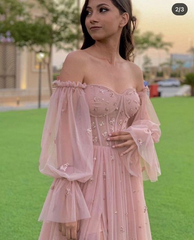 Pink Tulle Sweetheart Neck Long Sleeves Prom Dress Evening Dress SH1012