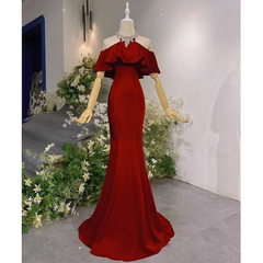 Pink Vintage Off The Shoulder Long Mermaid Prom Dress，Elegant Evening Dress SH642