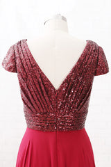 Sleeves V Neck Sequin Chiffon High Low Mother of the Brides Dress