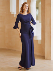 Scoop Ruffles Sheath Half Sleeves Dress With Slit Dark Navy