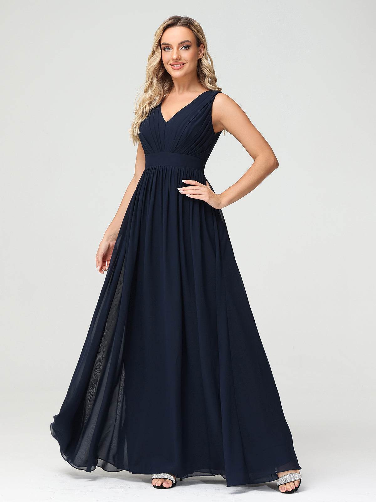 V neck Chiffon Long Dresses with Open Back Dark Navy