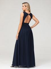 V neck Chiffon Long Dresses with Open Back Dark Navy