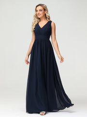 V neck Chiffon Long Dresses with Open Back Dark Navy