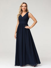 V neck Chiffon Long Dresses with Open Back Dark Navy