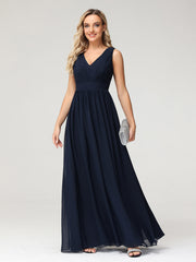 V neck Chiffon Long Dresses with Open Back Dark Navy