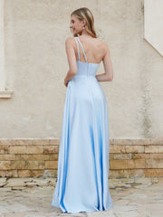 One Shoulder Satin Gown with Pocket Sky Blue