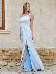 One Shoulder Satin Gown with Pocket Sky Blue