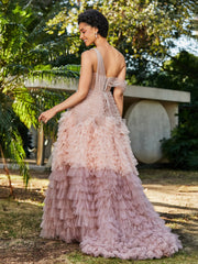 One Shoulder Flowy Ruffle Skirt Tulle Ball Gown Dusty Rose