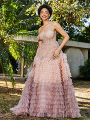 One Shoulder Flowy Ruffle Skirt Tulle Ball Gown Dusty Rose
