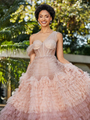 One Shoulder Flowy Ruffle Skirt Tulle Ball Gown Dusty Rose