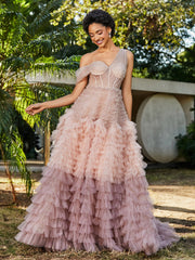 One Shoulder Flowy Ruffle Skirt Tulle Ball Gown Dusty Rose