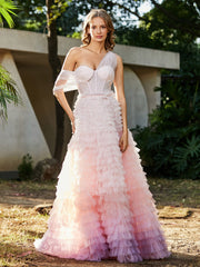 One Shoulder Flowy Ruffle Skirt Tulle Ball Gown Pink