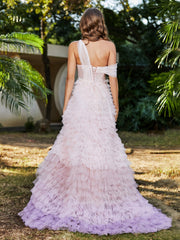 One Shoulder Flowy Ruffle Skirt Tulle Ball Gown Pink