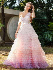 One Shoulder Flowy Ruffle Skirt Tulle Ball Gown Pink
