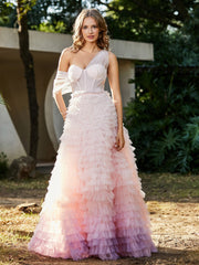 One Shoulder Flowy Ruffle Skirt Tulle Ball Gown Pink