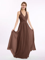 V Neckline Chiffon Dress with Bow Straps Chocolate