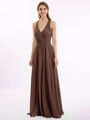 V Neckline Chiffon Dress with Bow Straps Chocolate