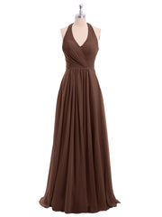V Neckline Chiffon Dress with Bow Straps Chocolate