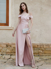 Off the Shoulder Satin Dress With Slit Dusty Rose
