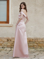 Off the Shoulder Satin Dress With Slit Dusty Rose