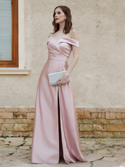 Off the Shoulder Satin Dress With Slit Dusty Rose