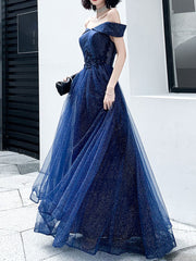 Dark Blue Tulle Long Prom Dress, A-Line Tulle Off Shoulder Blue Wedding Party Dresses