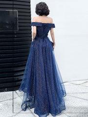 Dark Blue Tulle Long Prom Dress, A-Line Tulle Off Shoulder Blue Wedding Party Dresses