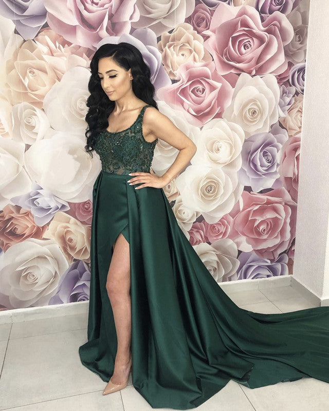 Long Satin Split Dresses Sheer Lace Beaded Top