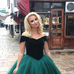 Dark Green Velvet Top V-neck Organza Ball Gowns Dresses Evening