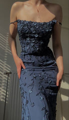 Dark Blue Floral Mermaid Bodycon Long Prom Dress, AST907